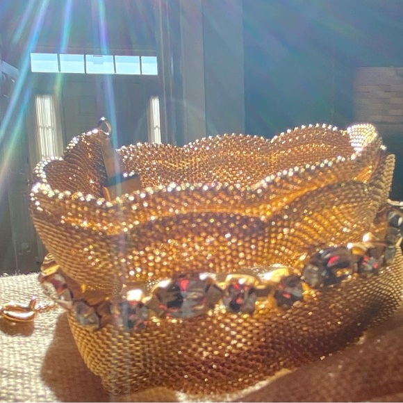 Wide Gold Mesh Bracelet with Clear Prong set Rhinestone Row. 7” - Picture 9 of 11